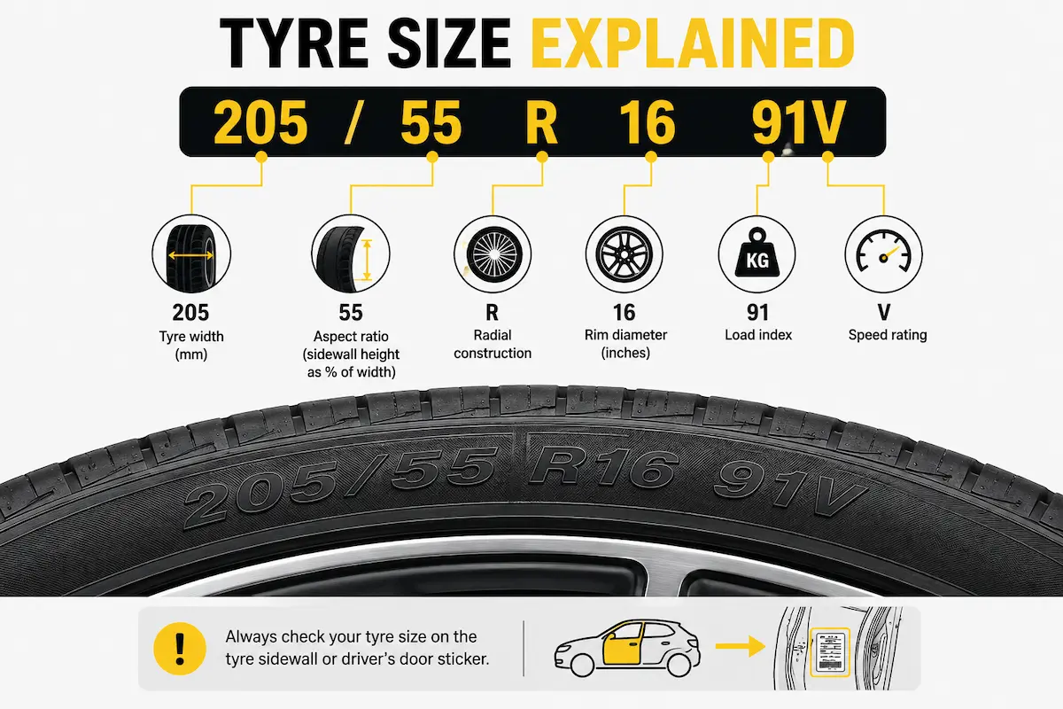 Close-up of a tyre sidewall showing the tyre size numbers, for example 205/55R16